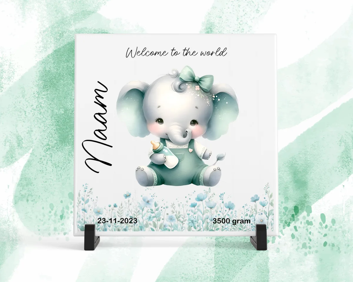 Mockup tegeltje geboorte groen olifant tegeltje geboorte groen olifant