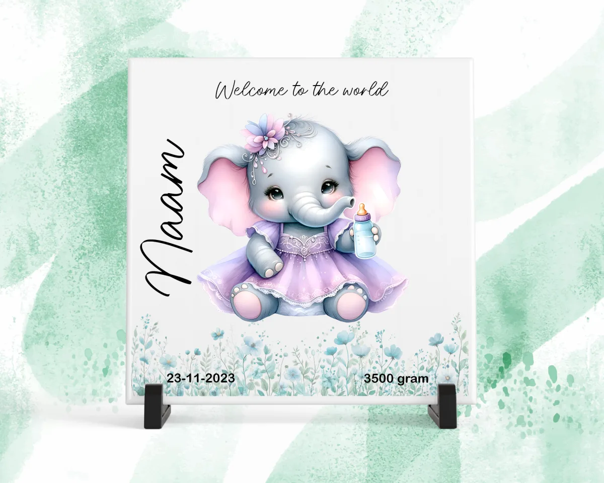 Mockup tegeltje geboorte paars olifant tegeltje geboorte paars olifant