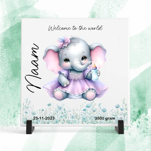 Mockup tegeltje geboorte paars olifant tegeltje geboorte paars olifant